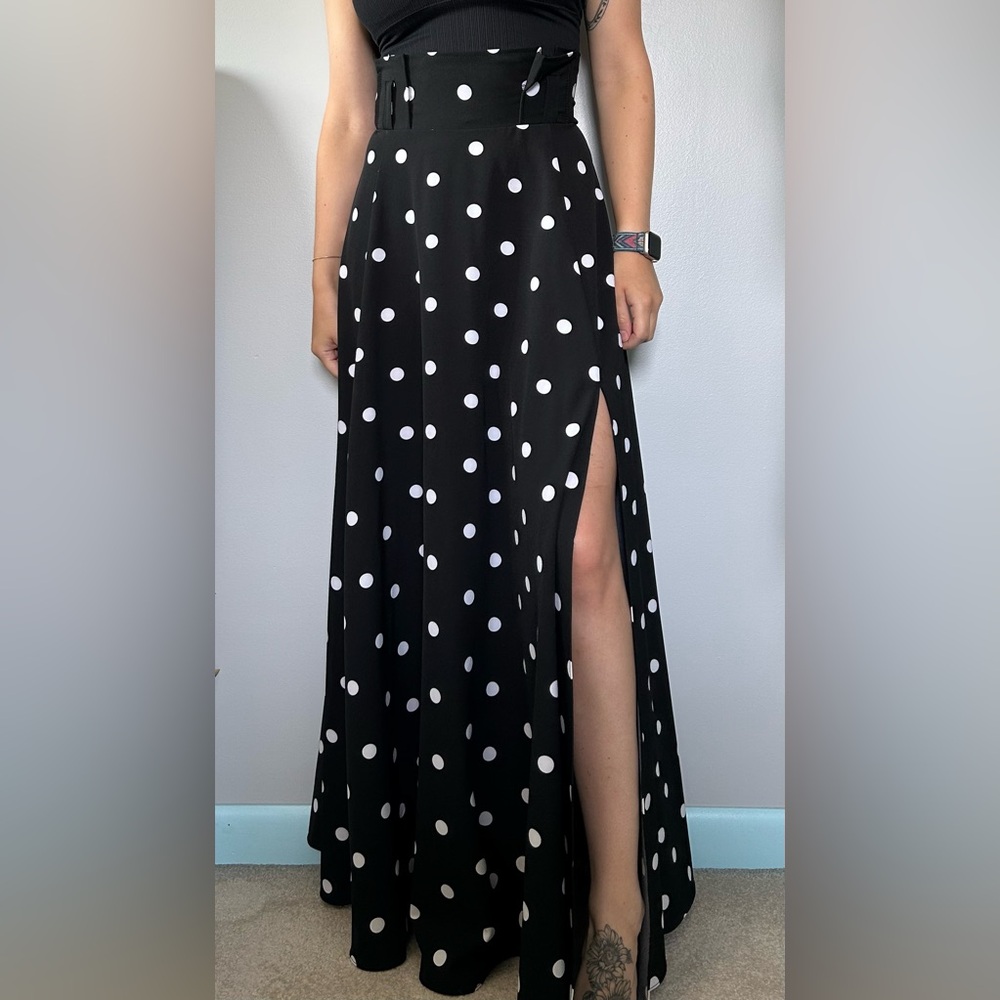 Polka Dot Maxi A-Line Skirt with Slit